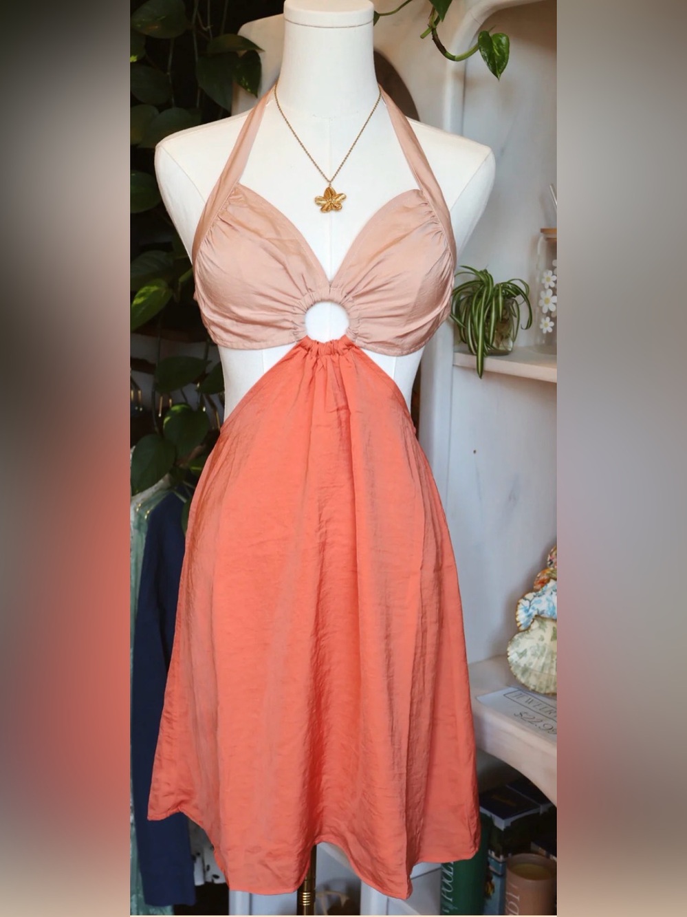 Promesa Strapless Two-Tone Cutout Dress in Peach & Coral